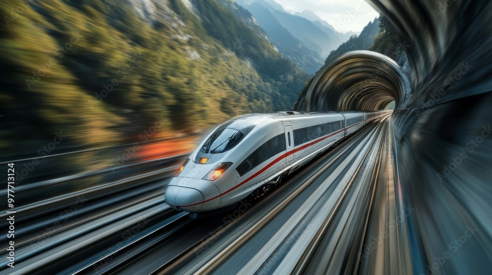 Poster a high-speed train at full speed, passing through a tunnel in a mountainous region, with blurred mot