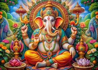 Naklejka premium Vibrant depiction of the revered Hindu deity Ganesha, remover of obstacles, shown seated with four arms and an