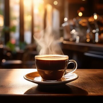 A steaming cup of coffee in a cozy coffee bar, captured in the morning light, evoking a warm and inviting atmosphere.