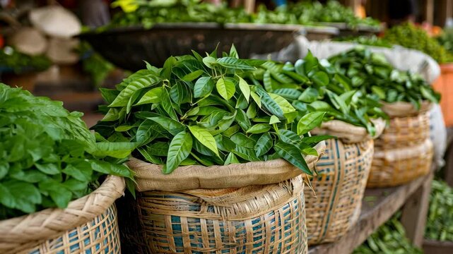 Harvesting fresh genjer leaves at a local market in Indonesia during the morning hours