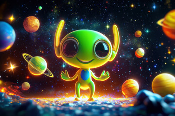 Fototapeta premium Little green alien standing with open arms on a colorful planet and greeting with planets and stars in the background