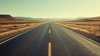 A highway stretching into the horizon with a vanishing point, surrounded by open fields or desert, emphasizing the sense of distance and travel.