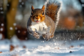 Squirrel bounding through a snowy forest, leaving tiny footprints in the freshly fallen snow