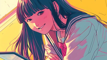 Naklejka premium Illustration girl with obscured face holding a pink phone, with a yellow background.