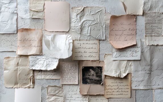 An elegant collage of antique French wallpaper motifs like damask, combined with vintage postcards and sepia-toned calligraphy, creating a nostalgic atmosphere