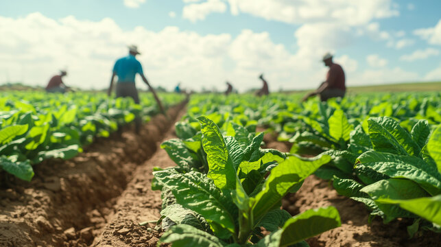 farmer in tobacco field and collect tobacco leaves. harvest of tobacco leaves for cigar making