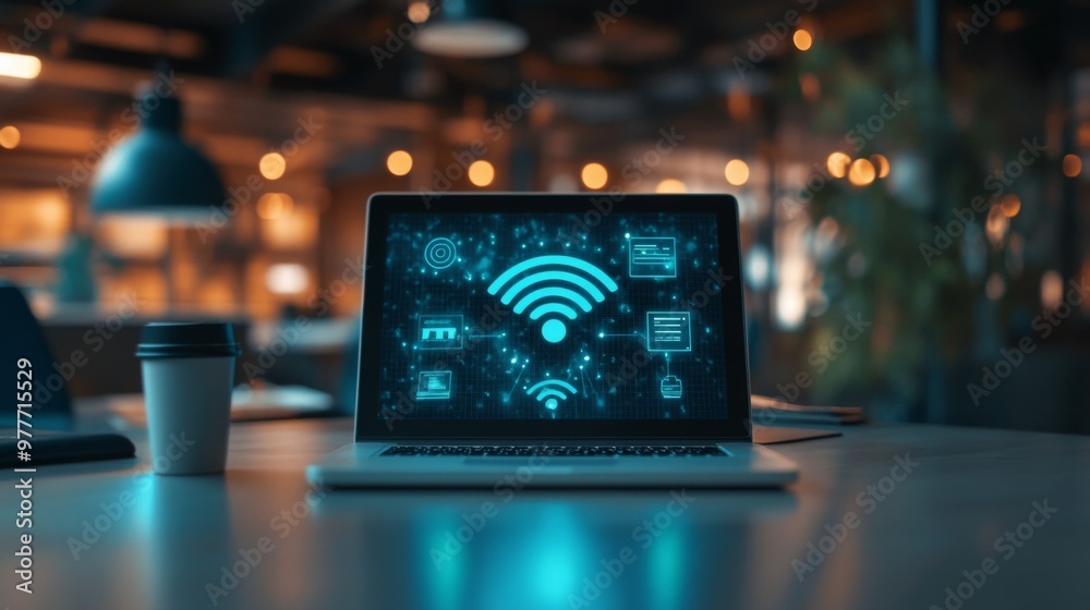 Poster a laptop connected to a wireless network, with a focus on the wi-fi icon and a vibrant, modern works