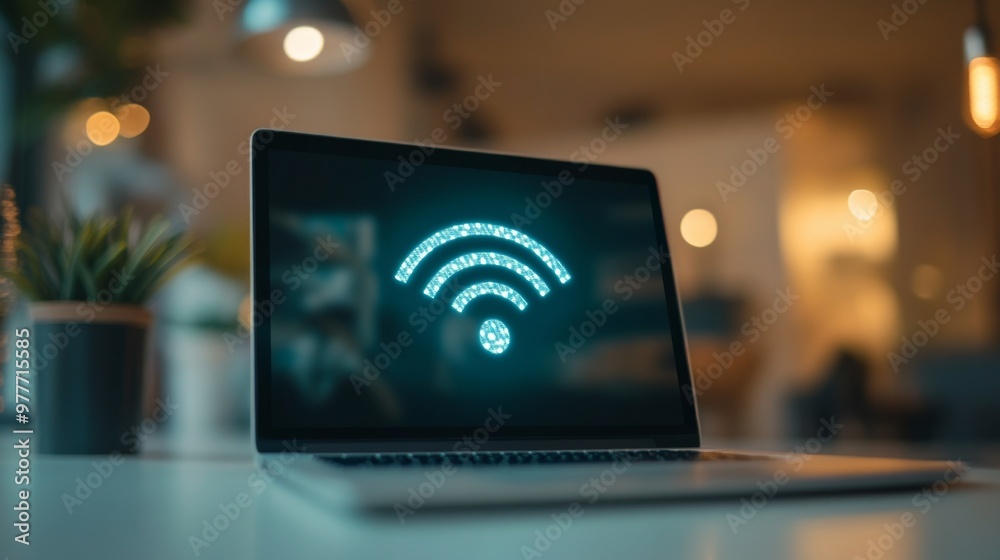 Poster a laptop connected to a wireless network, with a focus on the wi-fi icon and a vibrant, modern works