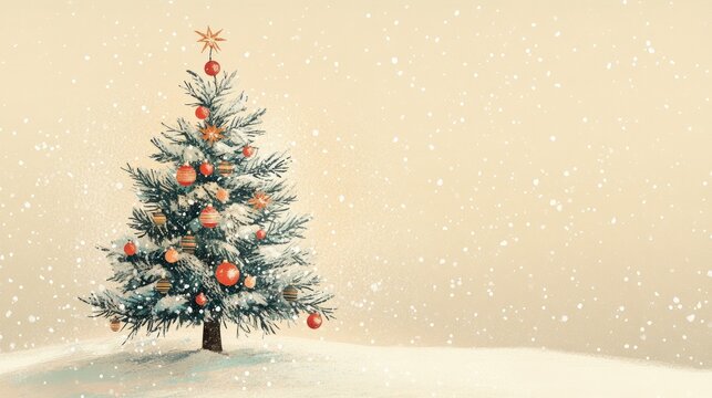 A warm, retro Christmas card featuring a decorated tree with tinsel, classic baubles, and a 1950s-inspired snowy background.