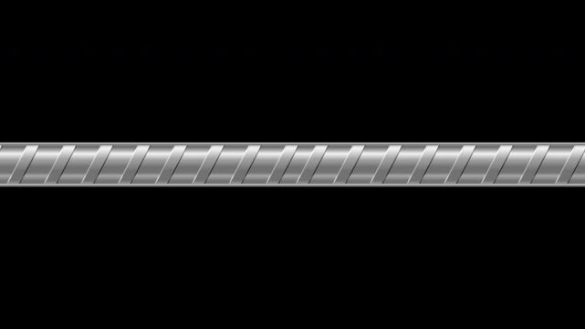 Realistic metal bar animation. Metal rebar. Seamless steel rebar. Metal rod. 4K seamless loop animation. Transparent background with alpha channel