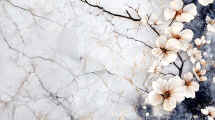 A vintage marble mosaic of flowers, with grunge textures like cracks, stains, and rough surfaces slowly eroding the delicate floral patterns