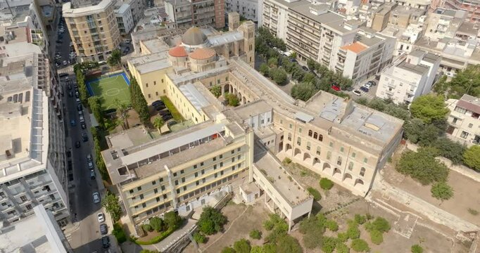 Aerial view of the church of Sant'Antonio a Fulgenzio located in Lecce, Puglia, Italy. It is a Catholic place of worship in neo-Romanesque style.