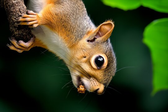 Squirrel hanging upside down from a branch, skillfully reaching for a snack