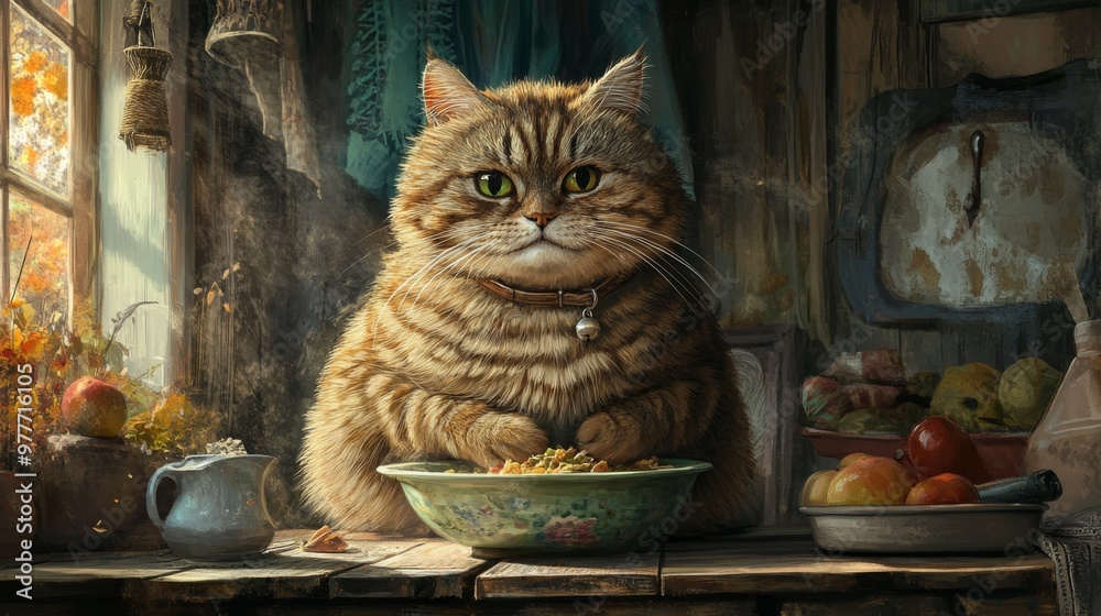 Poster a large cat with a full belly sitting at a feeding station, eating from a bowl with a satisfied expr