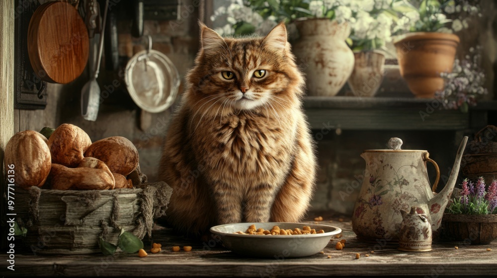Poster a large cat with a full belly sitting at a feeding station, eating from a bowl with a satisfied expr