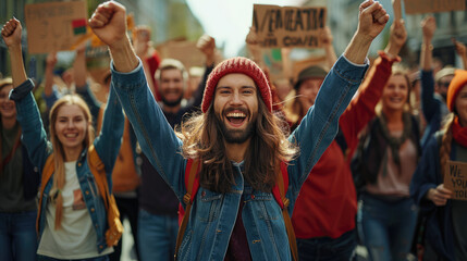 Fototapeta premium A protest scene with activists holding signs about climate change and environmental protection