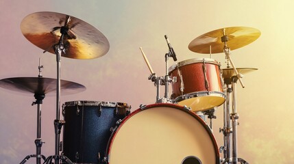 A realistic image of a drum kit featuring various percussion instruments, emphasizing the textures and colors against a soft, light backdrop