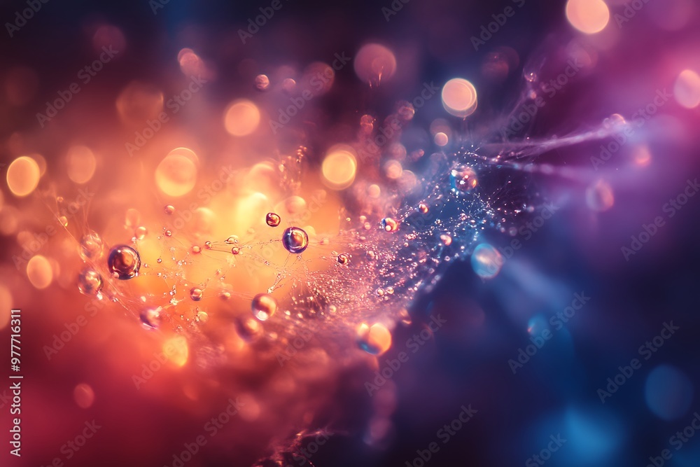 Wall mural Abstract Macro Photography of Water Droplets on Spiderweb with Colorful Bokeh Background