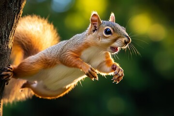 Obraz premium Squirrel leaping from tree to tree in the morning light, showing off its agility