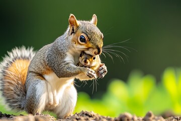 Obraz premium Squirrel mother carrying a baby squirrel in her mouth, relocating it to a safer nest