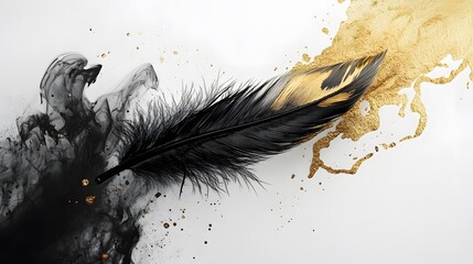 Feather Ink Dip: A feather suspended in mid-air, dipped in gold and black ink, with the ink dripping and mixing in the air. 
