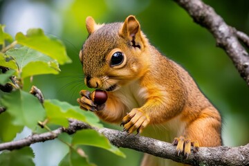 Squirrel perched on a tree branch, nibbling on an acorn with tiny, nimble paws