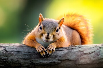 Fototapeta premium Squirrel resting on a branch, its tail curled over its back as it basks in the sunlight