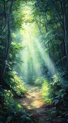 Obraz premium A sunlit forest pathway with rays of sunlight filtering through the canopy, evoking a sense of peace