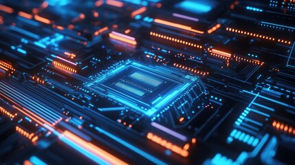 Fototapeta premium Close-up of a modern computer motherboard with a chip, featuring glowing blue lines and circuit patterns. Ideal for tech and electronics visuals.