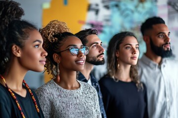 Four Diverse Individuals Looking Upward Together in an Indoor Setting