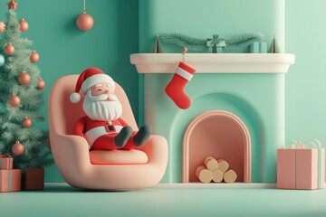 Santa claus taking a break in a cozy armchair by the fireplace, enjoying the peace and quiet after a long night of delivering presents