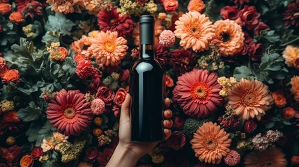 pop art visual hand holding wine bottle flowers flat backdrop studio high resolution