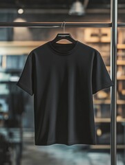 A black tshirt is hanging on a rack
