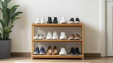 A modern wooden shoe rack neatly organized with various types of shoes--sneakers, heels, and sandals--placed in a minimalist entryway with soft natural lighting.