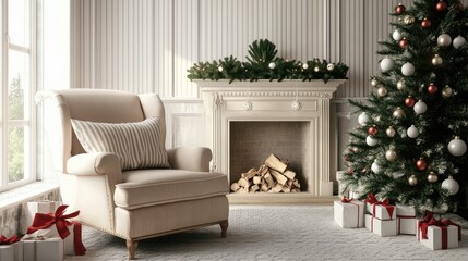 Modern Christmas design with alternating white stripes and subtle festive details, offering a fresh and sophisticated holiday feel