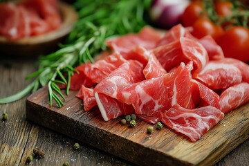 Freshly sliced raw meat displayed on a wooden cutting board, garnished with rosemary and surrounded by ingredients.