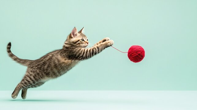 A playful American cat chasing after a ball of yarn, its paws stretched out in mid-air, creating a lively scene on a light solid color background