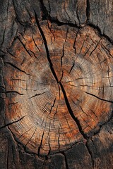 Fototapeta premium Detailed image showing the cross-section of a tree trunk with distinct age rings and natural cracks.