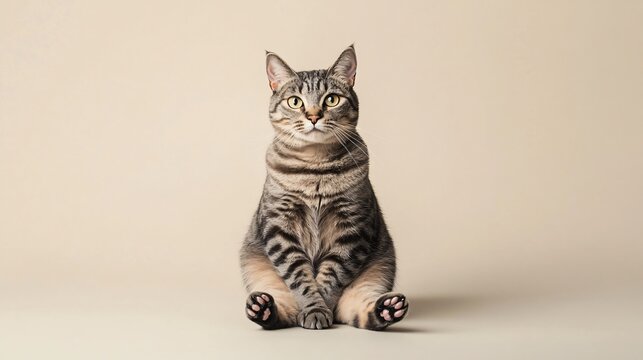 A polydactyl cat sitting gracefully on a light solid color background, showcasing its unique extra toes and playful expression