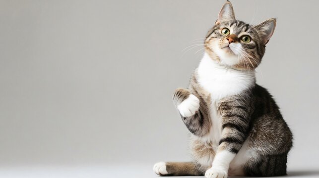 A polydactyl cat sitting gracefully on a light solid color background, showcasing its unique extra toes and playful expression