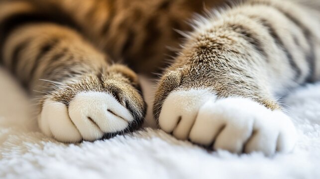 A close-up of a polydactyl cat's paws, highlighting the distinctive extra digits against a soft, light background