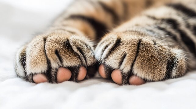 A close-up of a polydactyl cat's paws, highlighting the distinctive extra digits against a soft, light background