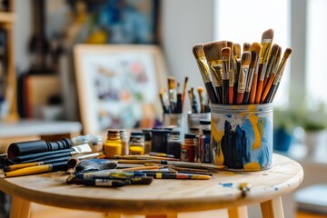 A creative artist's workspace featuring various brushes and paints on a round wooden table, ready for use.