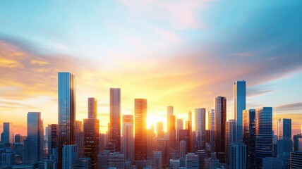 Fototapeta premium Breathtaking city skyline at sunset, showcasing tall skyscrapers illuminated by warm golden light. vibrant colors of sky create stunning backdrop for urban landscape