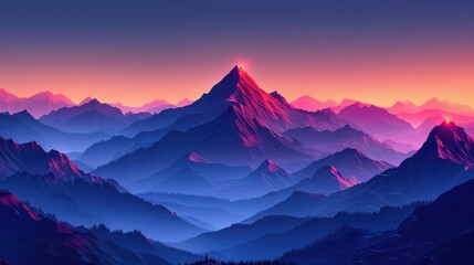 Mountains are shown in a pink sunset with a pink sky