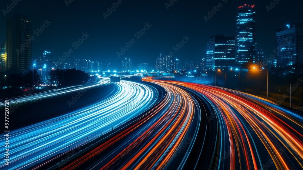 Poster a nighttime shot of a highway with bright city lights and light trails from passing cars, creating a
