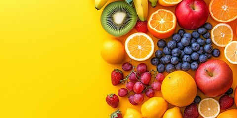 A variety of fresh fruits including kiwi, apples, oranges, and berries arranged on a vibrant yellow background.