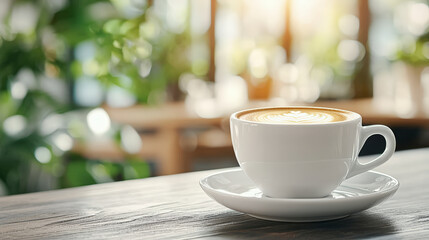 Obraz premium A white cup of coffee with a latte art design sits on a wooden table in a sunlit caf? with a blurred green background.