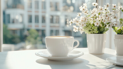 Obraz premium A serene morning scene with a cup of coffee on a table near a window, accompanied by flowers in white pots.