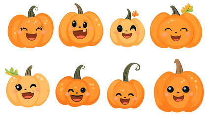 Vector cute thanksgiving pumpkin set. Collection of kawaii happy pumpkins. Laughing pumpkins with cute faces. Funny smiling pumpkins for Thanksgiving celebration